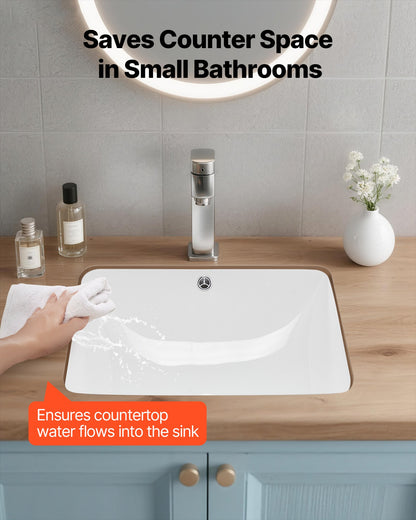 Undermount Bathroom Sink, 515 x 385 mm Rectangular White Ceramic Vessel Sink with Overflow Hole, Under Counter Drop in Modern Lavatory Vanity Bath Wash Bowl Basin, Rectangle for Small Space