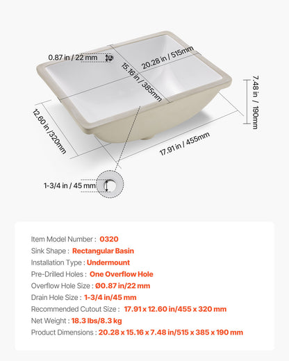 Undermount Bathroom Sink, 515 x 385 mm Rectangular White Ceramic Vessel Sink with Overflow Hole, Under Counter Drop in Modern Lavatory Vanity Bath Wash Bowl Basin, Rectangle for Small Space