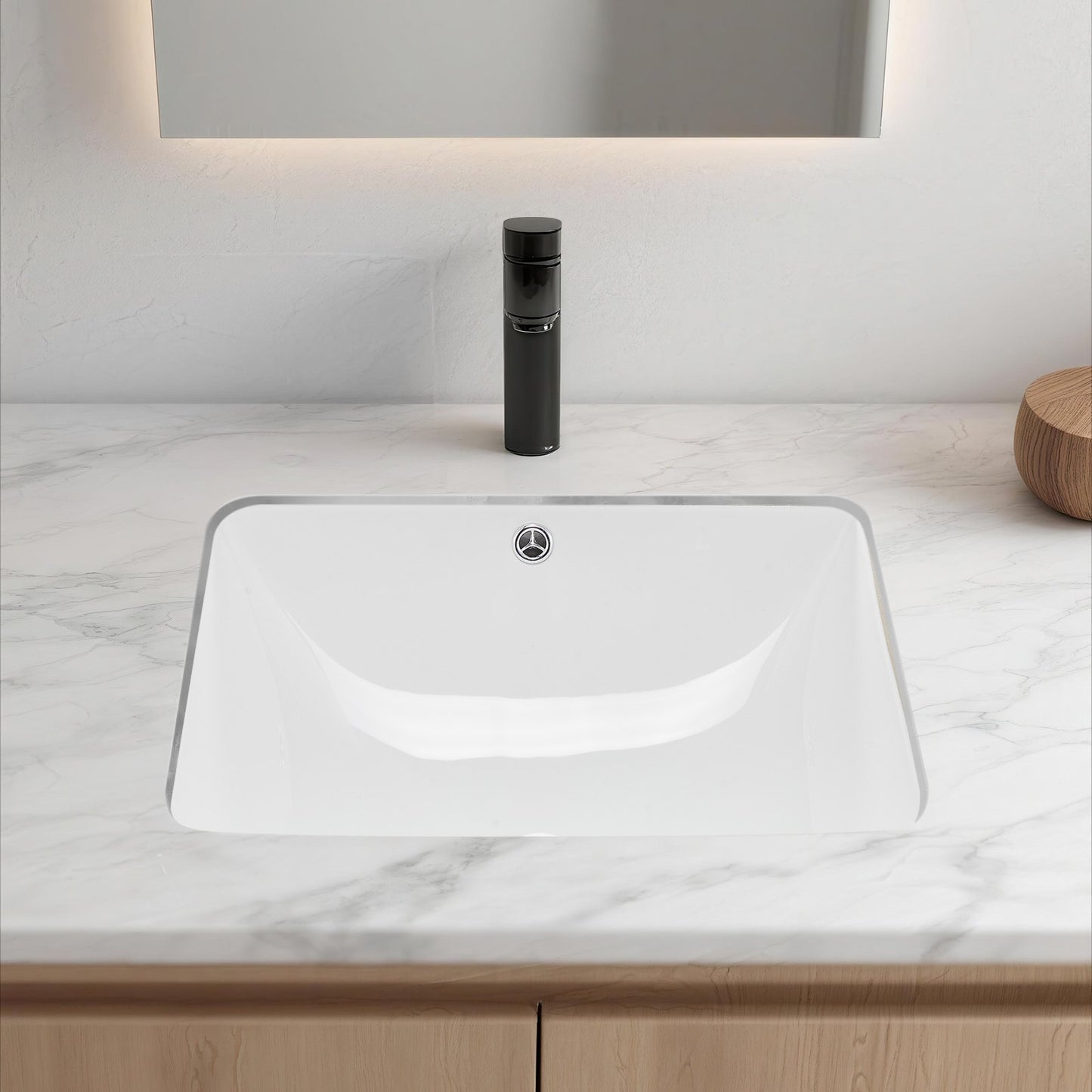 Undermount Bathroom Sink, 515 x 385 mm Rectangular White Ceramic Vessel Sink with Overflow Hole, Under Counter Drop in Modern Lavatory Vanity Bath Wash Bowl Basin, Rectangle for Small Space