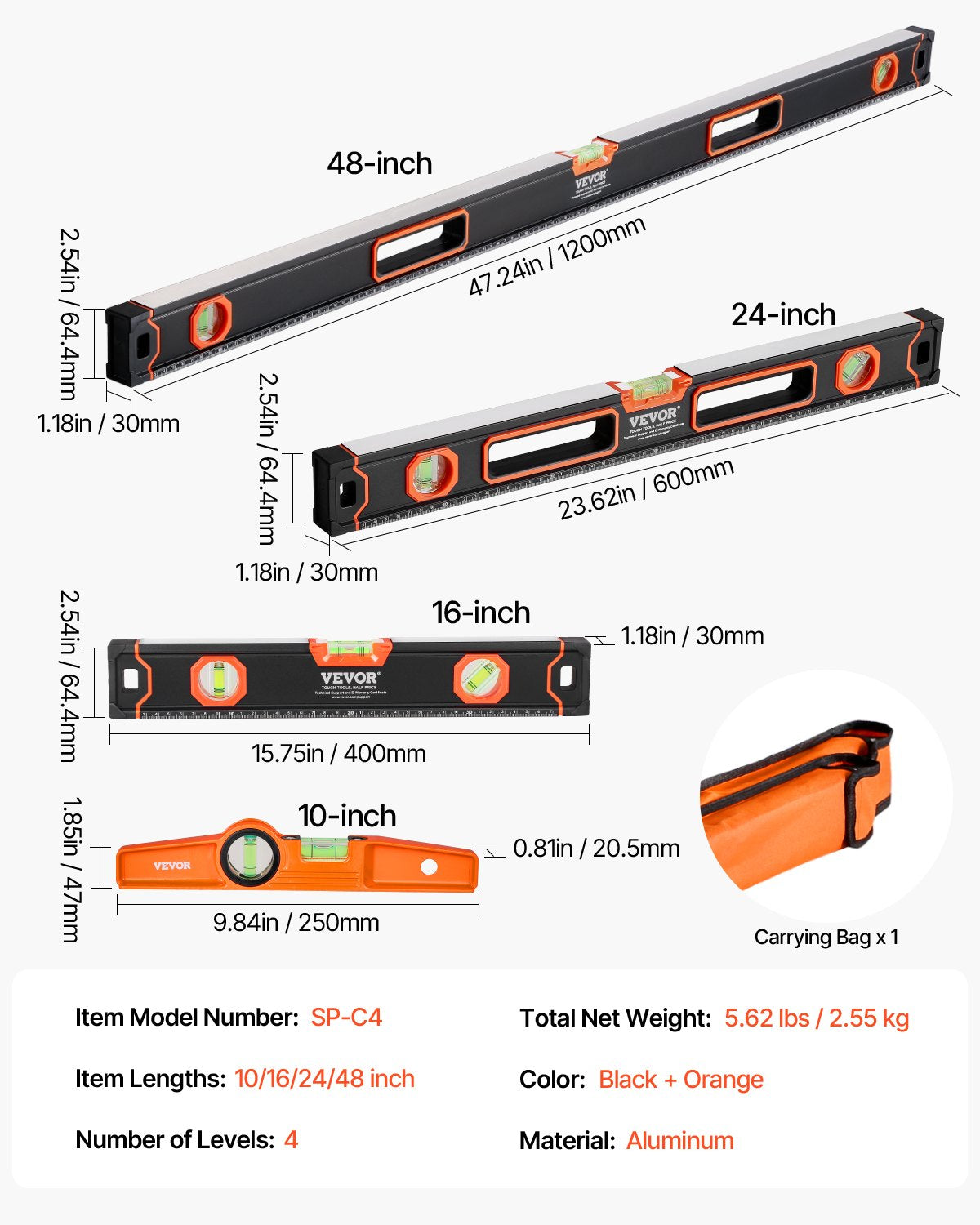 4-Piece Torpedo Level, 48/24/16/10 Inch All Magnetic Levels Set, Fluorescent Light Up Bubble Vials Ruler for 45/90/180 Degree, Aluminum Alloy Magnetic Box Leveler Tool, SAE and Metric Scale