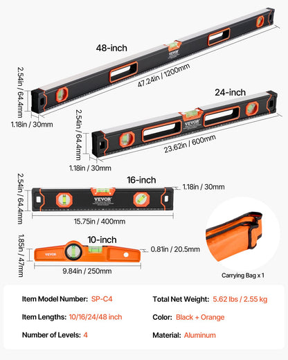 4-Piece Torpedo Level, 48/24/16/10 Inch All Magnetic Levels Set, Fluorescent Light Up Bubble Vials Ruler for 45/90/180 Degree, Aluminum Alloy Magnetic Box Leveler Tool, SAE and Metric Scale