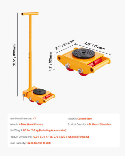 Machine Skate, 6T Machinery Skate Dolly, 13228 lbs Machinery Moving Skate, Machinery Mover Skate with 360° Rotation Cap and PU Directional Rollers, Heavy Duty Industrial Moving Equipment, Yellow