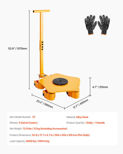 Machine Skate, 8800 lbs Machinery Moving Skate, Machinery Mover Skate with 360° Rotation Cap and PU Swivel Rollers, Heavy Duty Industrial Machinery Mover with Handle for Warehouse, Workshop