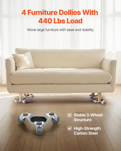 Furniture Dolly, 440 lbs Load Capacity, 3 Wheel Steel 6.3" Tri-dolly Heavy Duty Mover with Triangle Swivel Caster, Carbon Steel Panel, Furniture Lift Mover Tool Set for Appliances, Sofa, Fridge