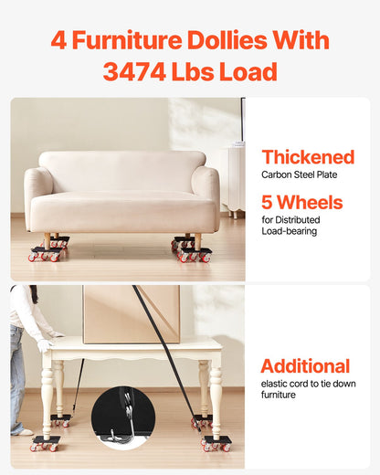 Furniture Dolly, Maximum Load 3474 lbs, Heavy Duty Furniture Movers with 5 360° Rotation Wheels, Carbon Steel Panel, Furniture Lift Slider Tool Set for Appliances, Sofa, Fridge, Washing Machine