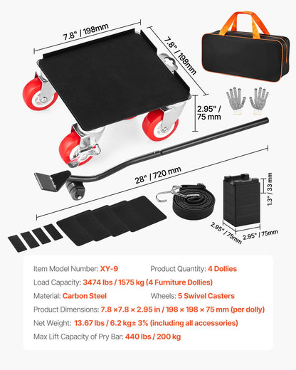 Furniture Dolly, Maximum Load 3474 lbs, Heavy Duty Furniture Movers with 5 360° Rotation Wheels, Carbon Steel Panel, Furniture Lift Slider Tool Set for Appliances, Sofa, Fridge, Washing Machine