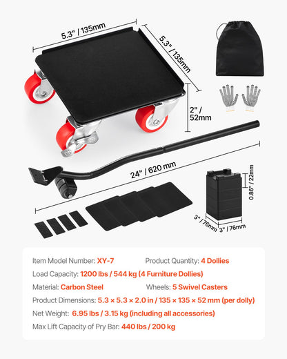 Furniture Dolly, Maximum Load 1200 lbs, Heavy Duty Furniture Movers with 5 360° Rotation Wheels, Carbon Steel Panel, Furniture Lift Slider Tool Set for Appliances, Sofa, Fridge, Washing Machine