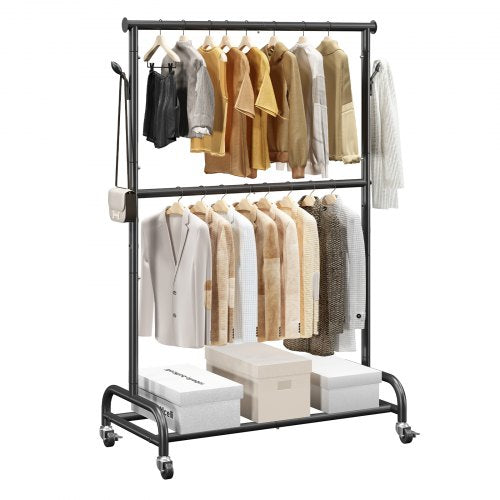 Clothes Rack, Rolling Clothing Garment Rack with Adjustable Crossbar and Side Hooks, 68 kg Load Capacity, Heavy Duty Carbon Steel Clothing Racks with Wheels for Bedroom, Laundry, Living Room