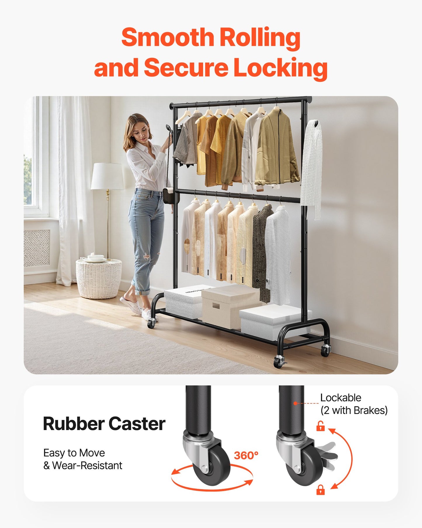 Clothes Rack, Rolling Clothing Garment Rack with Adjustable Crossbar and Side Hooks, 68 kg Load Capacity, Heavy Duty Carbon Steel Clothing Racks with Wheels for Bedroom, Laundry, Living Room