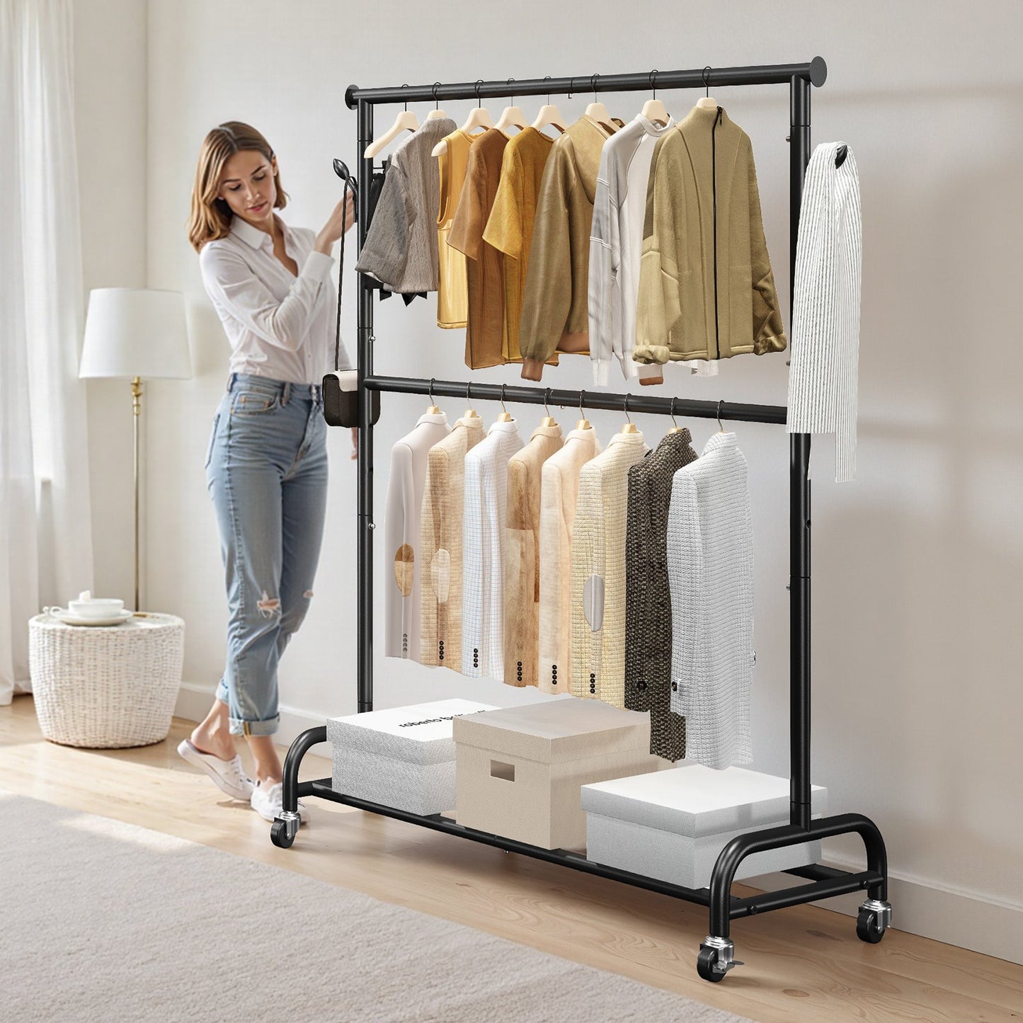Clothes Rack, Rolling Clothing Garment Rack with Adjustable Crossbar and Side Hooks, 68 kg Load Capacity, Heavy Duty Carbon Steel Clothing Racks with Wheels for Bedroom, Laundry, Living Room