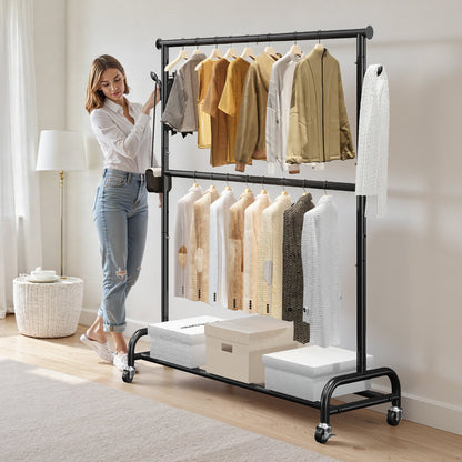 Clothes Rack, Rolling Clothing Garment Rack with Adjustable Crossbar and Side Hooks, 68 kg Load Capacity, Heavy Duty Carbon Steel Clothing Racks with Wheels for Bedroom, Laundry, Living Room