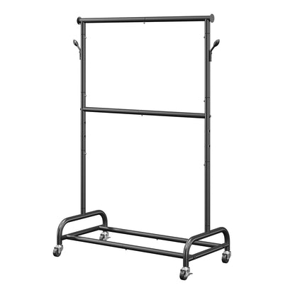 Clothes Rack, Rolling Clothing Garment Rack with Adjustable Crossbar and Side Hooks, 68 kg Load Capacity, Heavy Duty Carbon Steel Clothing Racks with Wheels for Bedroom, Laundry, Living Room
