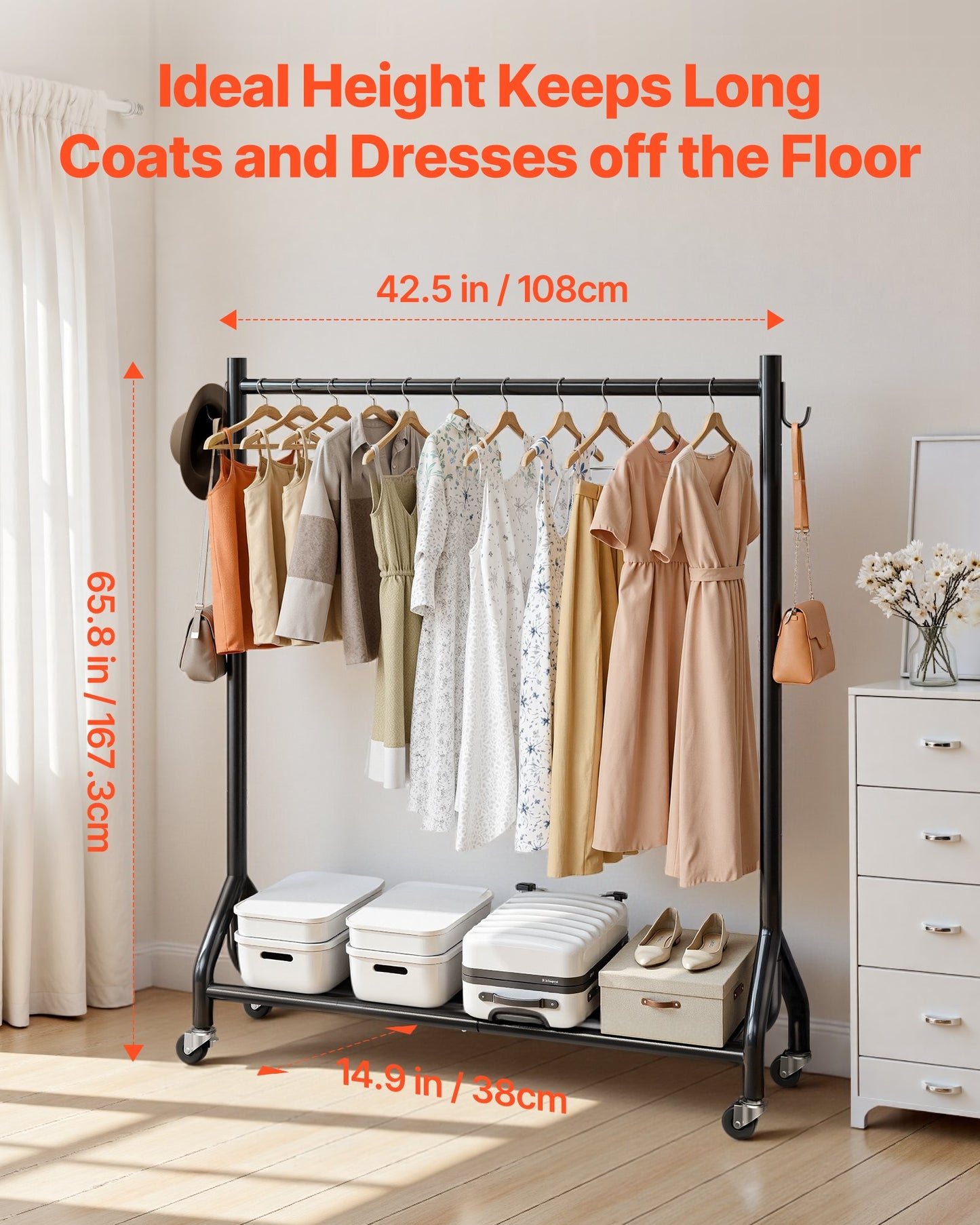 Clothes Rack, Rolling Clothing Garment Rack with Hanging Rod and Side Hooks, 90 kg Load Capacity, Heavy Duty Carbon Steel Clothing Racks with Wheels, Ideal for Bedroom, Laundry, Living Room