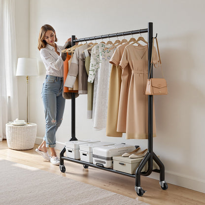 Clothes Rack, Rolling Clothing Garment Rack with Hanging Rod and Side Hooks, 90 kg Load Capacity, Heavy Duty Carbon Steel Clothing Racks with Wheels, Ideal for Bedroom, Laundry, Living Room