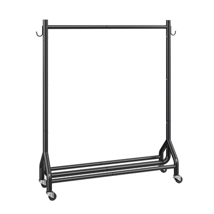 Clothes Rack, Rolling Clothing Garment Rack with Hanging Rod and Side Hooks, 90 kg Load Capacity, Heavy Duty Carbon Steel Clothing Racks with Wheels, Ideal for Bedroom, Laundry, Living Room