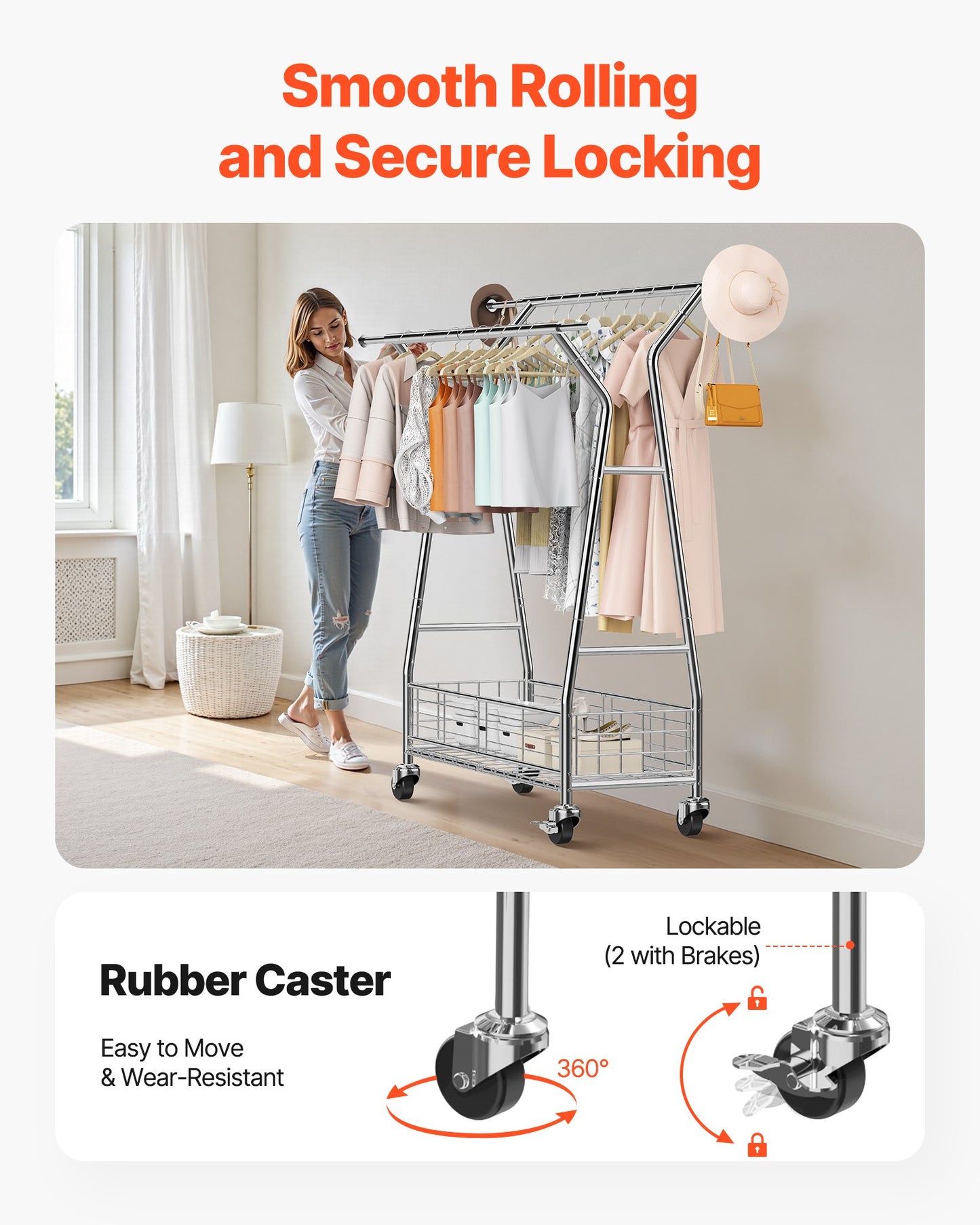 Clothes Rack, Rolling Clothing Garment Rack with 2 Hanging Rods and Storage Basket, 150 kg Load Capacity, Extendable Carbon Steel Clothing Racks with Wheels for Bedroom, Laundry, Living Room