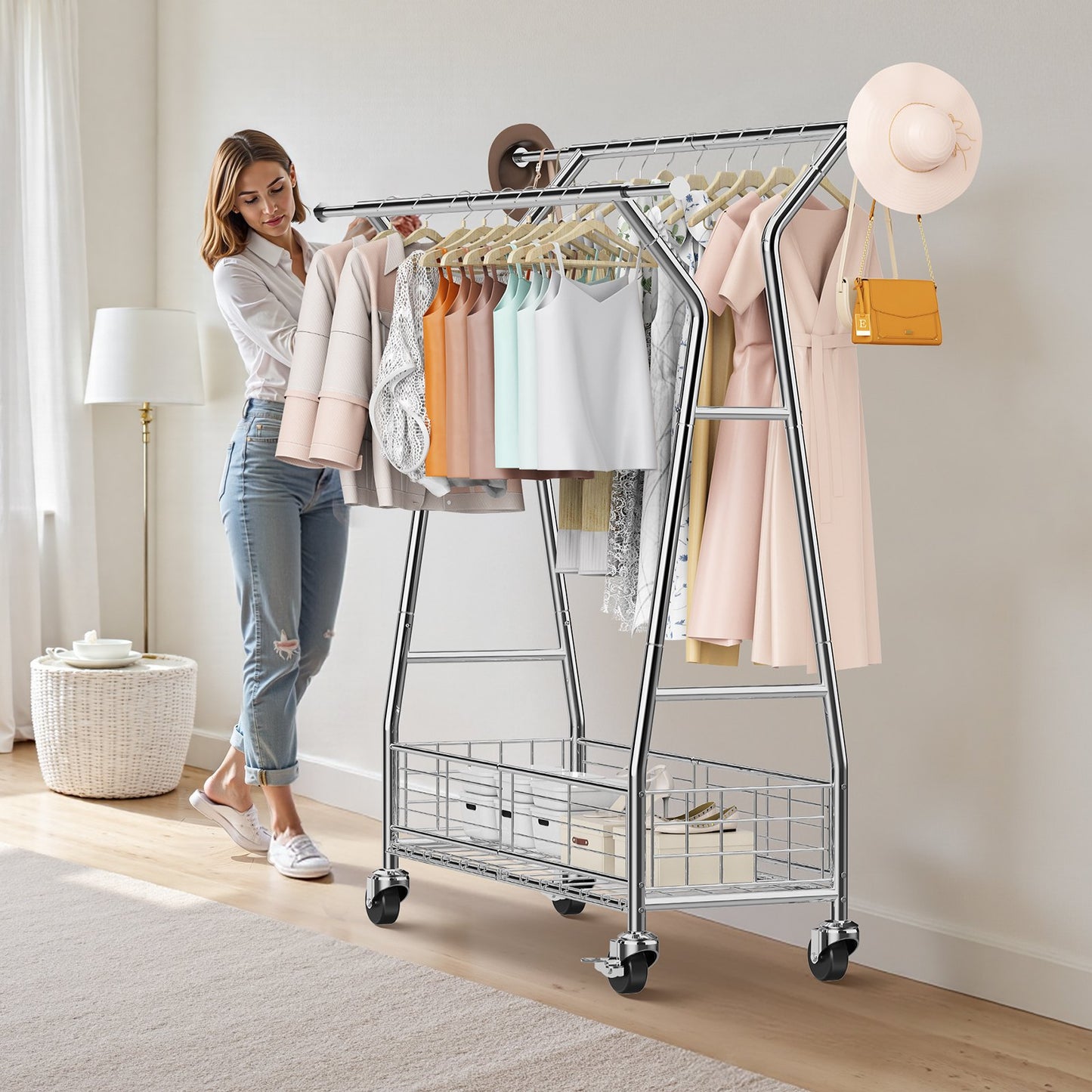 Clothes Rack, Rolling Clothing Garment Rack with 2 Hanging Rods and Storage Basket, 150 kg Load Capacity, Extendable Carbon Steel Clothing Racks with Wheels for Bedroom, Laundry, Living Room