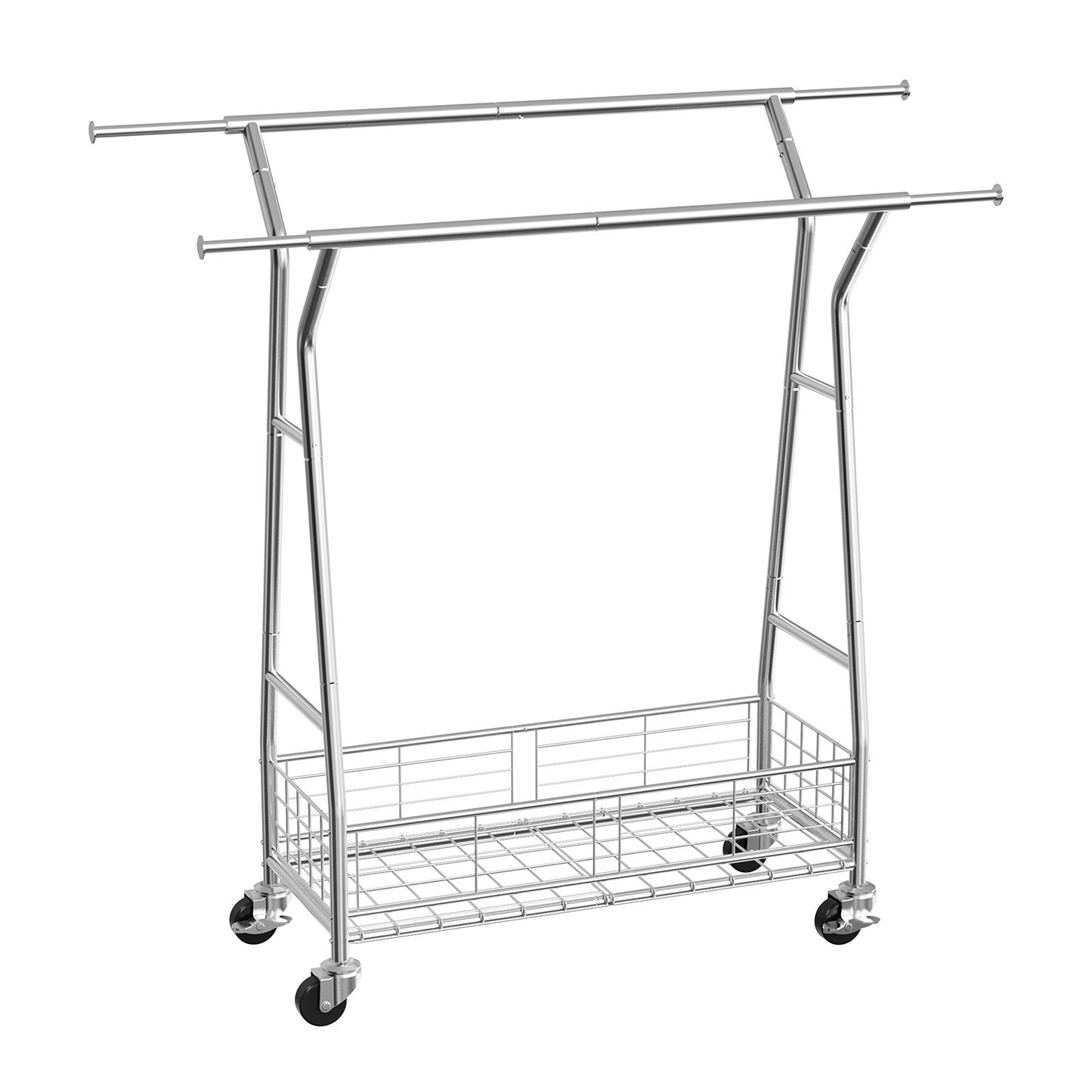 Clothes Rack, Rolling Clothing Garment Rack with 2 Hanging Rods and Storage Basket, 150 kg Load Capacity, Extendable Carbon Steel Clothing Racks with Wheels for Bedroom, Laundry, Living Room