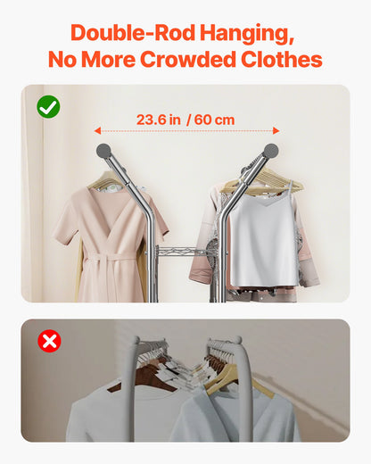 Clothes Rack, Rolling Clothing Garment Rack with 2 Hanging Rods and 2 Storage Shelves, 120 kg Load Capacity, Adjustable Height Carbon Steel Clothing Racks for Bedroom, Laundry, Living Room