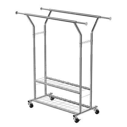 Clothes Rack, Rolling Clothing Garment Rack with 2 Hanging Rods and 2 Storage Shelves, 120 kg Load Capacity, Adjustable Height Carbon Steel Clothing Racks for Bedroom, Laundry, Living Room