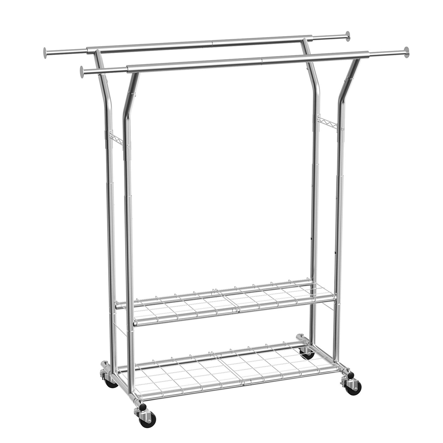 Clothes Rack, Rolling Clothing Garment Rack with 2 Hanging Rods and 2 Storage Shelves, 120 kg Load Capacity, Adjustable Height Carbon Steel Clothing Racks for Bedroom, Laundry, Living Room