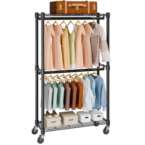 Heavy Duty Clothes Rack, Double Hanging Rods Clothing Garment Rack with Bottom and Top Storage Tier, Rolling Clothing Rack for Hanging Clothes, 2.5cm Diameter Thicken Steel Tube Hold Up to 136.1kg