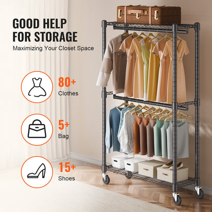 Heavy Duty Clothes Rack, Double Hanging Rods Clothing Garment Rack with Bottom and Top Storage Tier, Rolling Clothing Rack for Hanging Clothes, 2.5cm Diameter Thicken Steel Tube Hold Up to 136.1kg