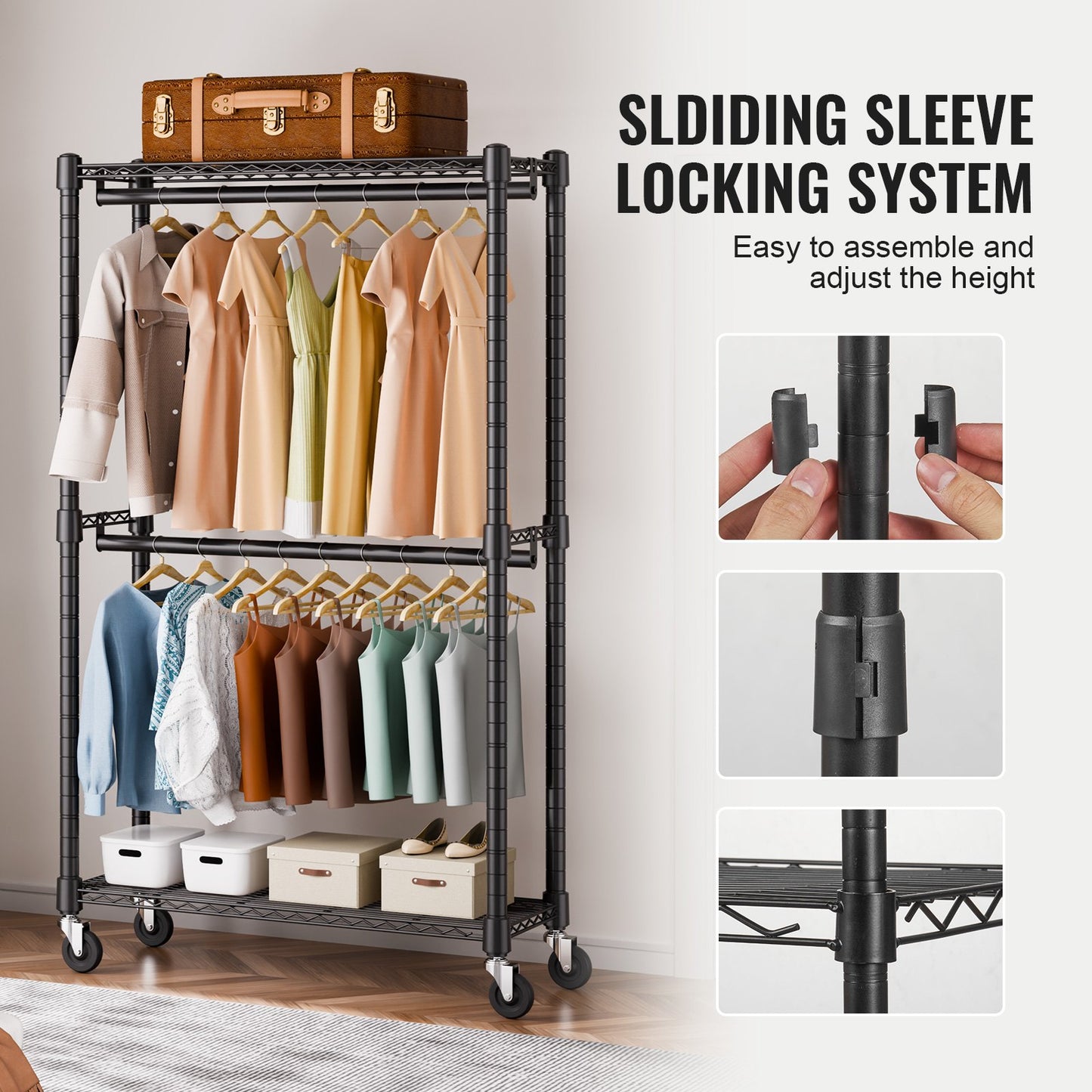 Heavy Duty Clothes Rack, Double Hanging Rods Clothing Garment Rack with Bottom and Top Storage Tier, Rolling Clothing Rack for Hanging Clothes, 2.5cm Diameter Thicken Steel Tube Hold Up to 136.1kg