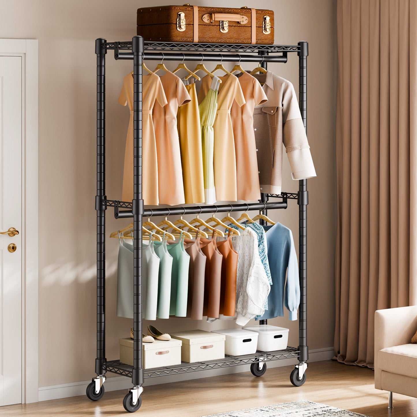 Heavy Duty Clothes Rack, Double Hanging Rods Clothing Garment Rack with Bottom and Top Storage Tier, Rolling Clothing Rack for Hanging Clothes, 2.5cm Diameter Thicken Steel Tube Hold Up to 136.1kg