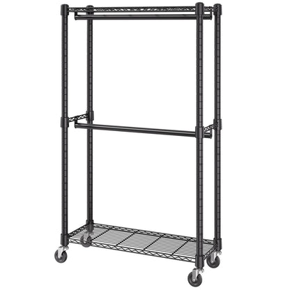 Heavy Duty Clothes Rack, Double Hanging Rods Clothing Garment Rack with Bottom and Top Storage Tier, Rolling Clothing Rack for Hanging Clothes, 2.5cm Diameter Thicken Steel Tube Hold Up to 136.1kg