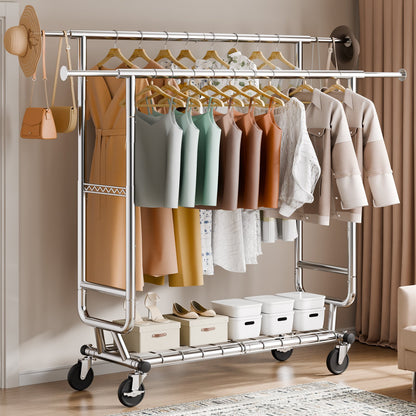 Kraftig klädställning, dubbel hängstång för kläder, justerbar höjd och utdragbar längd med klädställning i botten, 272,2 kg lastkapacitet