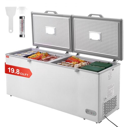 Frysbox, 561 liter stor djupfrys med delat lock och dubbla lås, fristående kommersiell frysbox och 4 avtagbara korgar, 7 temperaturregleringssystem, LED-belysning, 6 hjul