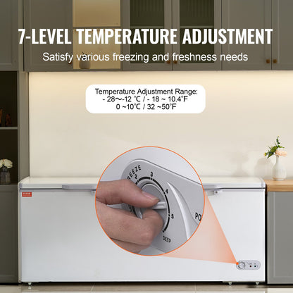 Frysbox, 561 liter stor djupfrys med delat lock och dubbla lås, fristående kommersiell frysbox och 4 avtagbara korgar, 7 temperaturregleringssystem, LED-belysning, 6 hjul