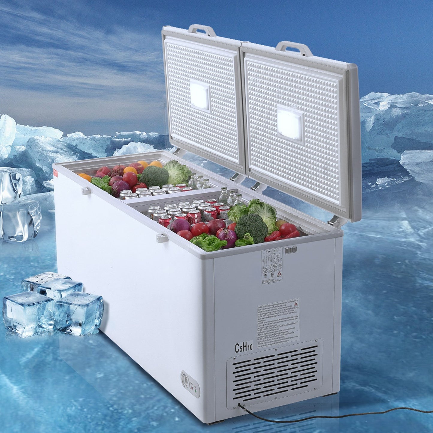 Frysbox, 561 liter stor djupfrys med delat lock och dubbla lås, fristående kommersiell frysbox och 4 avtagbara korgar, 7 temperaturregleringssystem, LED-belysning, 6 hjul