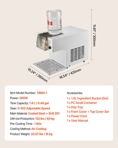 Snowflake Ice Machine, 60KG/24H Snowflake Ice Maker, Ice-Shaver Machine with Stainless Steel Blade, Electric Snow Cone Maker with 1.8L Tank, 90S Fast Pre-Cooling, for Home & Small Gatherings