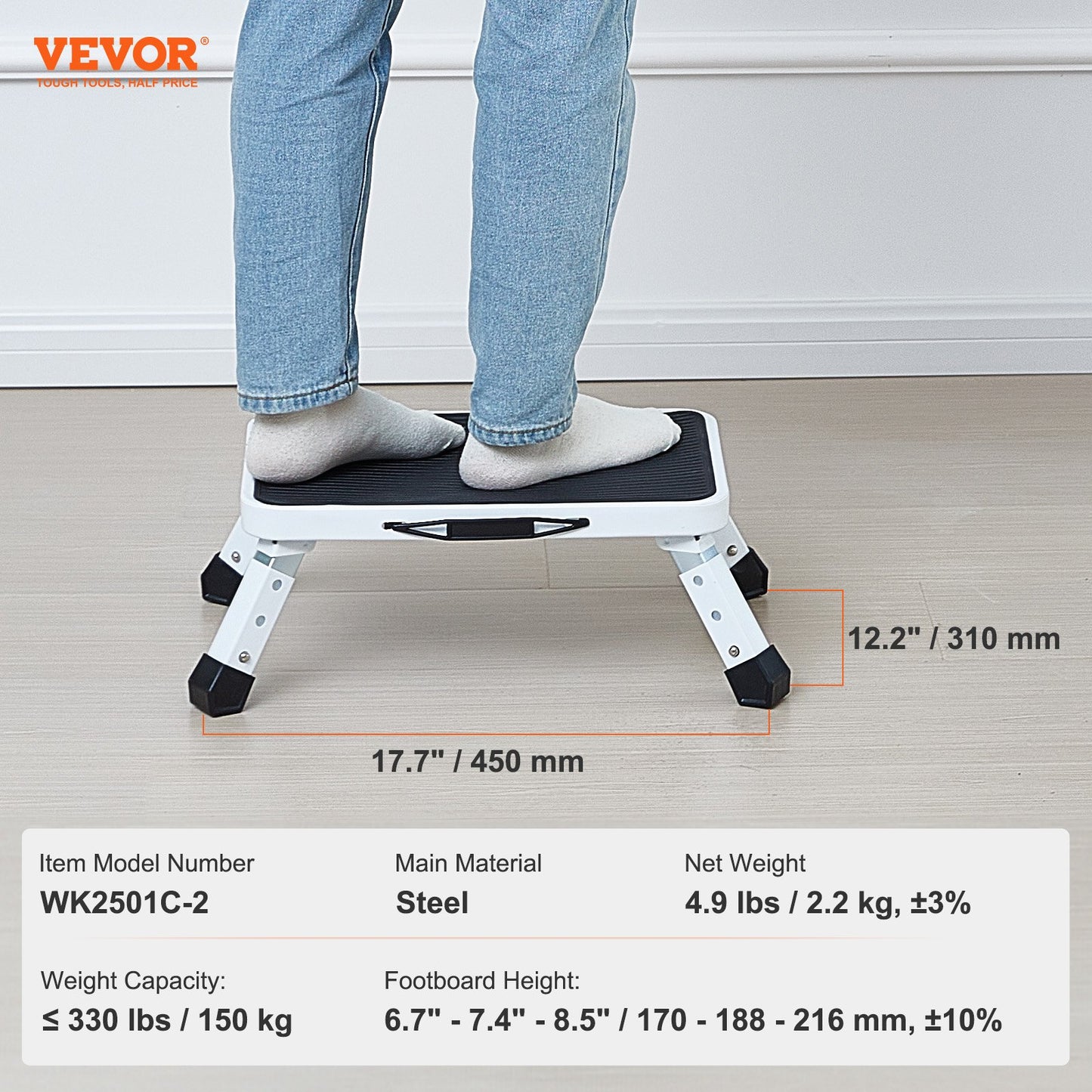 Step Stool 1-Step 150KG Capacity, Folding Steel Step Ladder 3 Adjustable Height, Portable Toddler Step Stools for Adults, Non-Slip Sturdy Step Ladders for Office, RVs, Pets, Bathrooms,Bedrooms