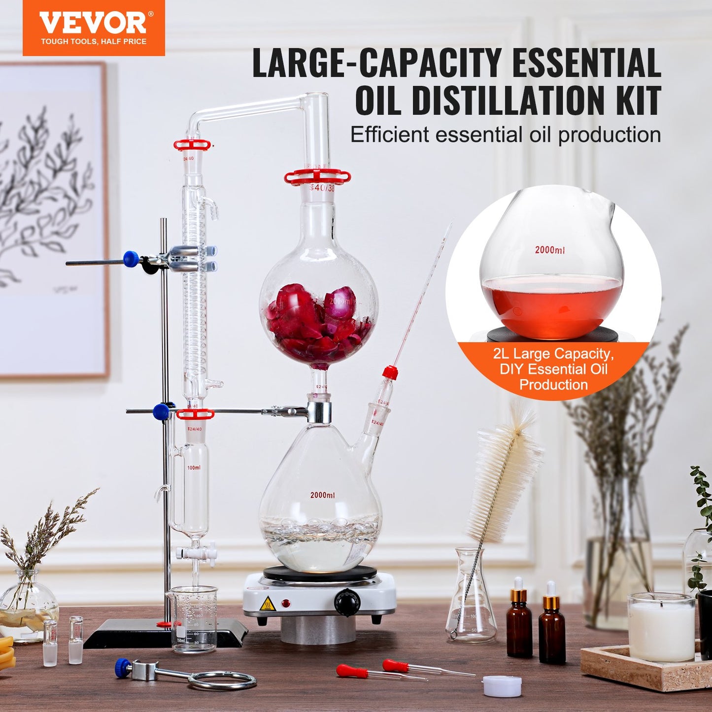 Essential Oil Distillation Kit, 2000ml Distillation Apparatus, 3.3 Boro Lab Glassware Distillation Kit with 1000W Heating Plate and 24, 40 Joint, 28 pcs Set