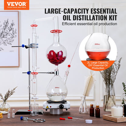 Essential Oil Distillation Kit, 2000ml Distillation Apparatus, 3.3 Boro Lab Glassware Distillation Kit with 1000W Heating Plate and 24, 40 Joint, 28 pcs Set