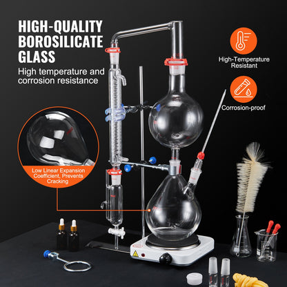 Essential Oil Distillation Kit, 2000ml Distillation Apparatus, 3.3 Boro Lab Glassware Distillation Kit with 1000W Heating Plate and 24, 40 Joint, 28 pcs Set