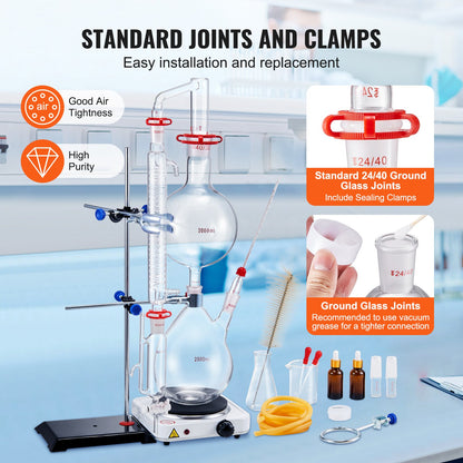 Essential Oil Distillation Kit, 2000ml Distillation Apparatus, 3.3 Boro Lab Glassware Distillation Kit with 1000W Heating Plate and 24, 40 Joint, 28 pcs Set
