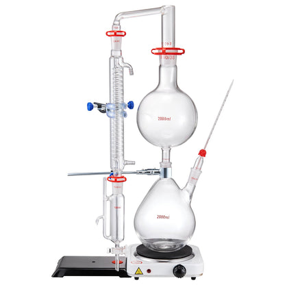 Essential Oil Distillation Kit, 2000ml Distillation Apparatus, 3.3 Boro Lab Glassware Distillation Kit with 1000W Heating Plate and 24, 40 Joint, 28 pcs Set