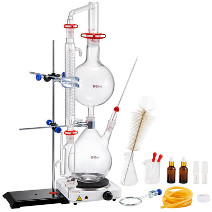 Essential Oil Distillation Kit, 2000ml Distillation Apparatus, 3.3 Boro Lab Glassware Distillation Kit with 1000W Heating Plate and 24, 40 Joint, 28 pcs Set