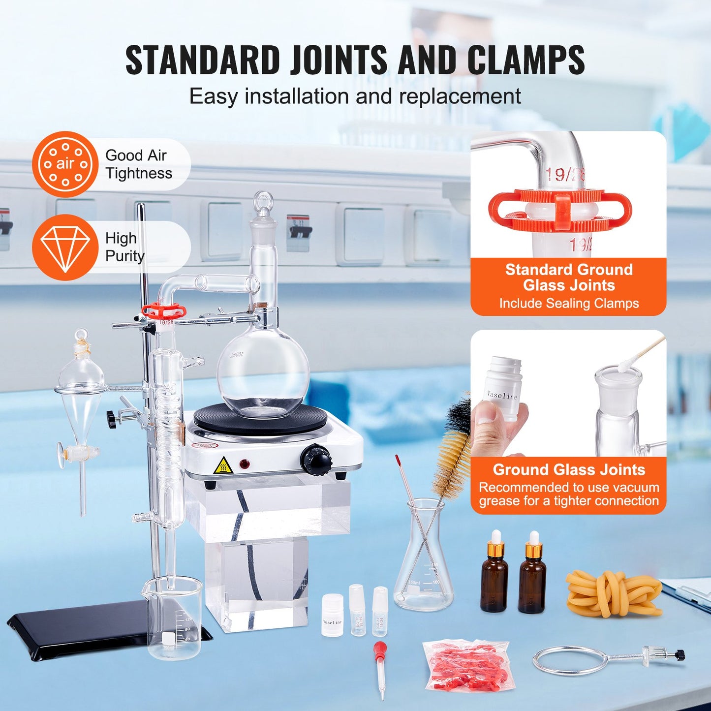 Destillationskit för eteriska oljor, 500 ml destillationsapparat, 3,3 Boro-destillationskit i laboratorieglas med 1000 W värmeplatta och 24 delar, 40 leder, 33 delars set