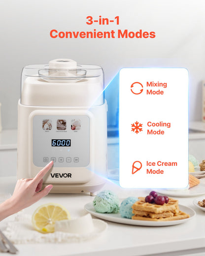 Upright Automatic Ice Cream Maker with Built-in Compressor, 1L No Pre-freezing Gelato Maker & Frozen Yogurt Machine, 4 Modes Electric Sorbet-Maker, Compressor Ice Cream Machine for Home