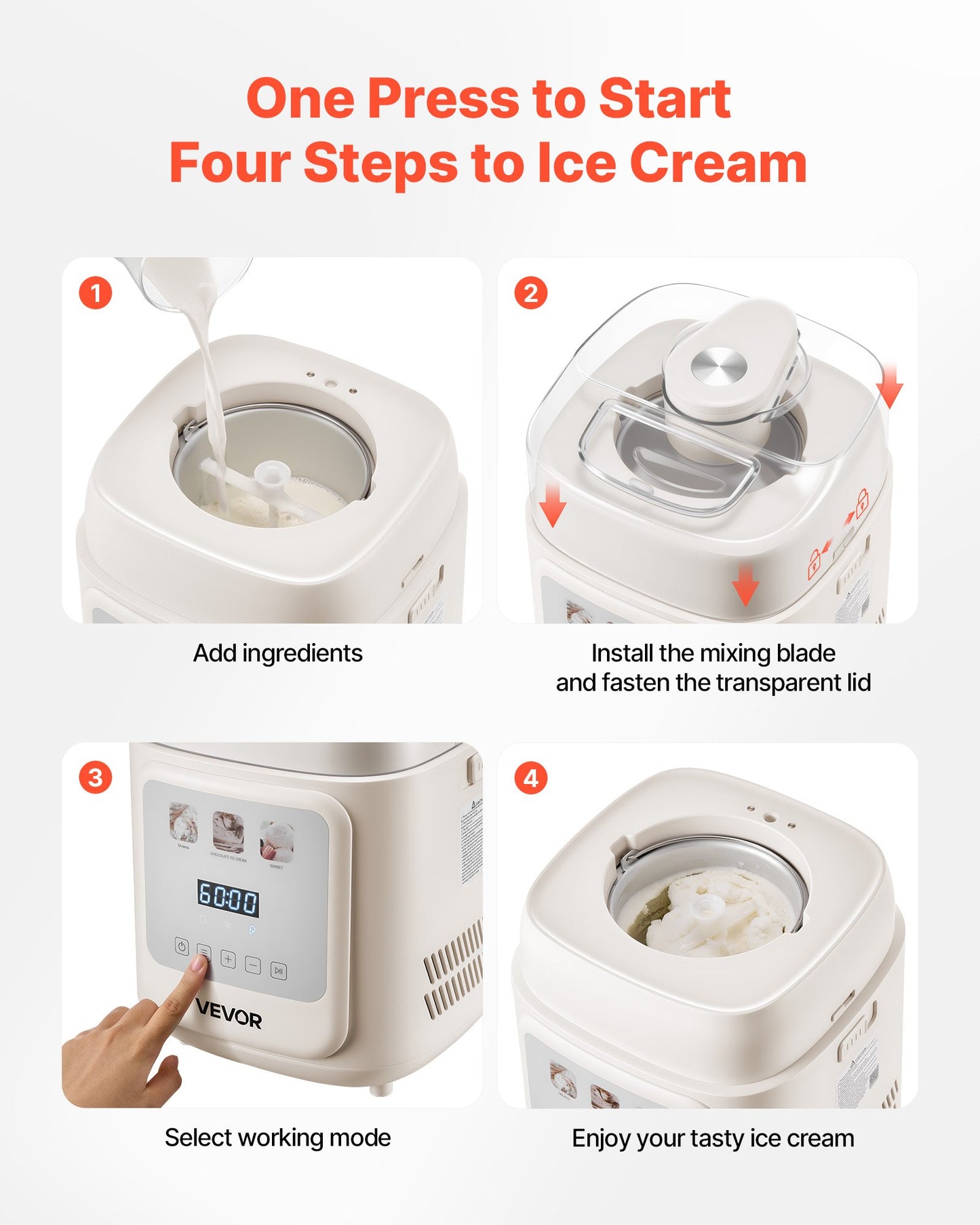 Upright Automatic Ice Cream Maker with Built-in Compressor, 1L No Pre-freezing Gelato Maker & Frozen Yogurt Machine, 4 Modes Electric Sorbet-Maker, Compressor Ice Cream Machine for Home