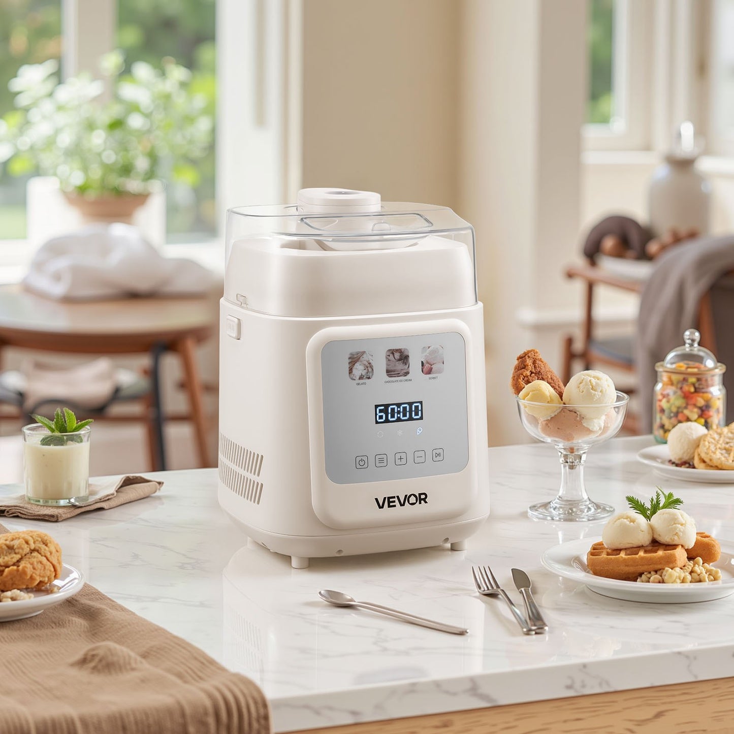 Upright Automatic Ice Cream Maker with Built-in Compressor, 1L No Pre-freezing Gelato Maker & Frozen Yogurt Machine, 4 Modes Electric Sorbet-Maker, Compressor Ice Cream Machine for Home