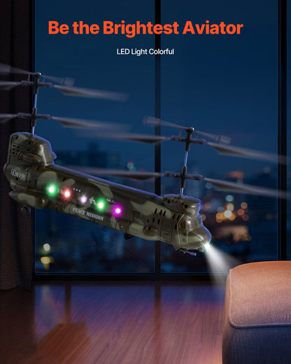 RC-helikopter, 2,4 GHz militär fjärrstyrd helikopter, 3,5-kanaligt RC-flygplan för barn, 20 minuters flygtid, start/landning med en knapp och LED-lampor, flygande flygplansleksaker för barn från 8 år