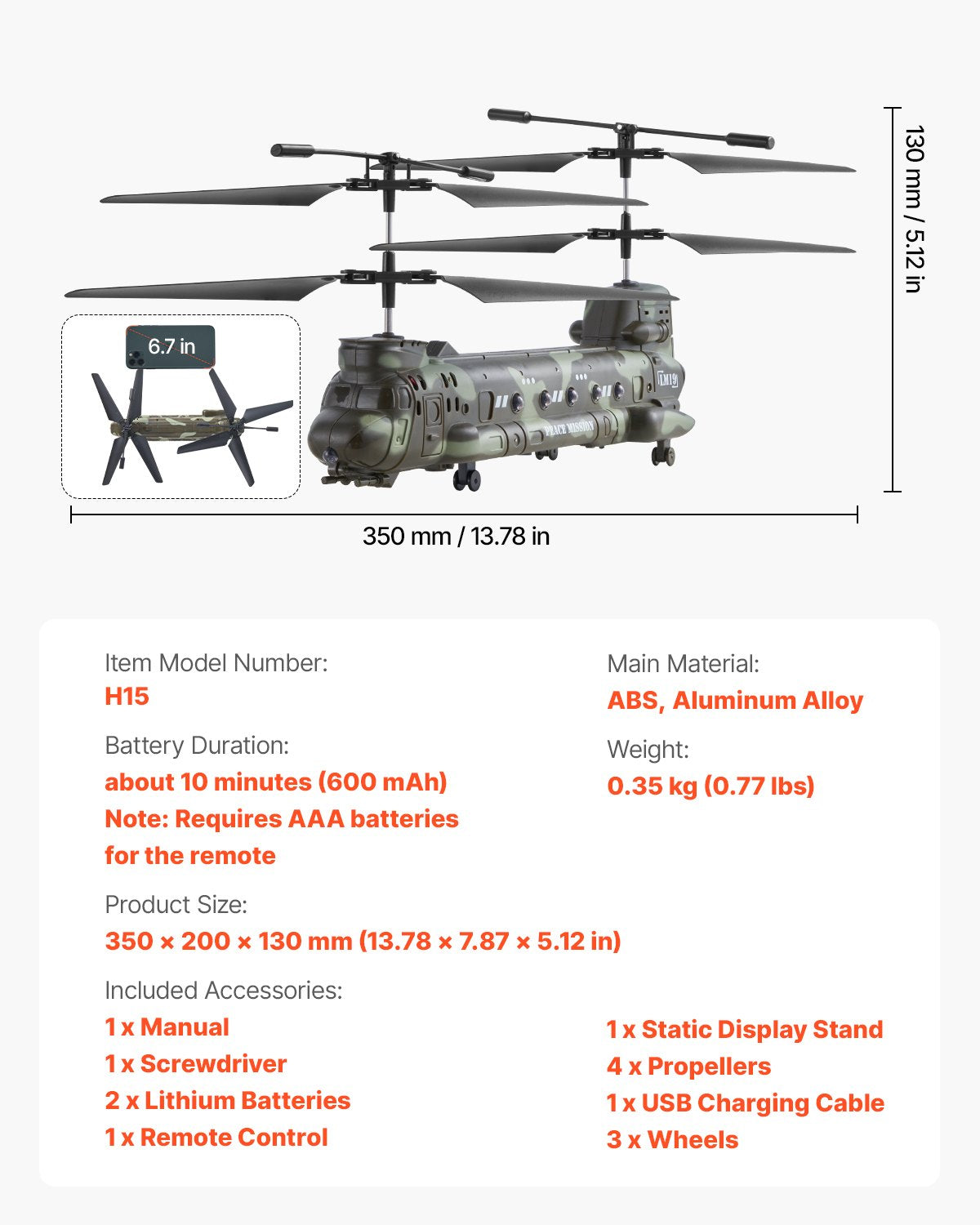 RC-helikopter, 2,4 GHz militär fjärrstyrd helikopter, 3,5-kanaligt RC-flygplan för barn, 20 minuters flygtid, start/landning med en knapp och LED-lampor, flygande flygplansleksaker för barn från 8 år