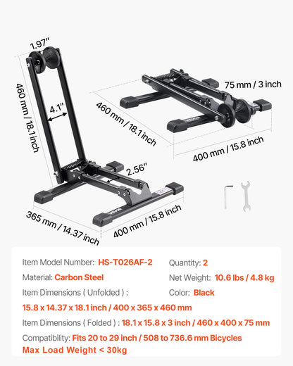 Bike Racks 2 Pack, Fits 508 to 736.6 mm Mountain & Road Bikes, Alloy Steel Rust-Resistant Bike Floor Stand Rack, Foldable Bicycle Stand for Entryway, Garage, Home Bikes Parking & Storage, Black