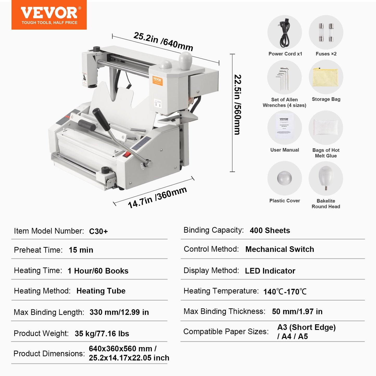 Thermal Binding Machine, 400 Sheets Capacity Hot Glue Binding Machine, Thermal Book Binder 50mm Binding Thickness A3(Short Edge)/A4/A5 Document with Milling Cutter
